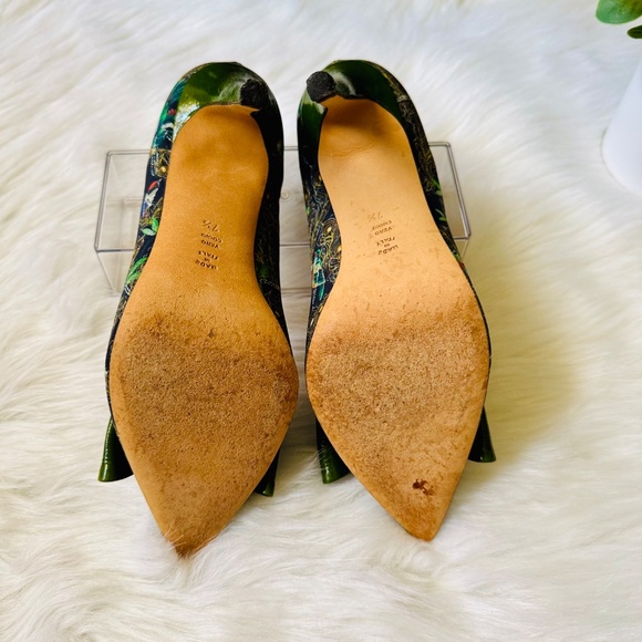 Butter Size 7.5 Made in Italy Heels Green Bow Peacock Print Pointed Toe Pumps - Picture 9 of 15
